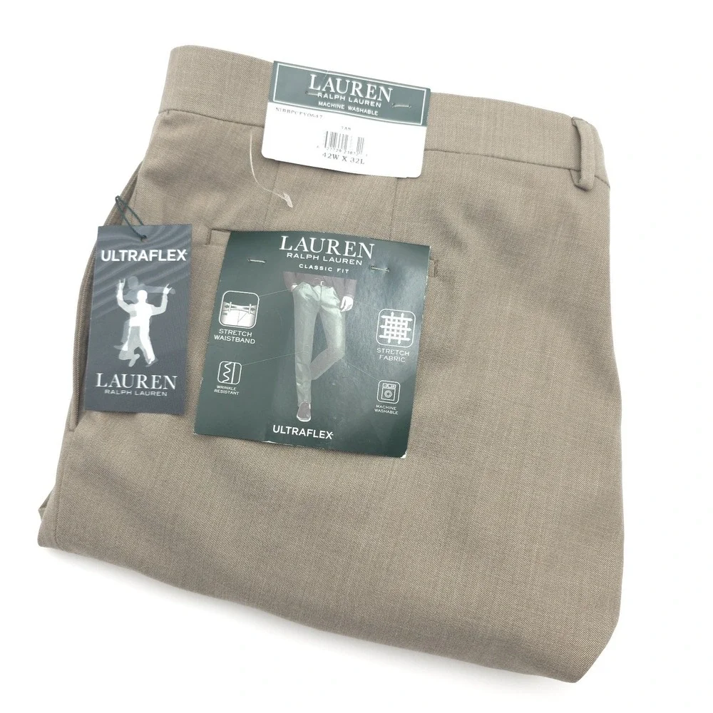 Lauren Ralph Lauren Mens 42X32 Tan Dress Pants Classic Fit Ultraflex Stretch NWT